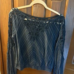 Free People Black Long Sleeve Crochet-Trim Top with Metallic Pinstripes